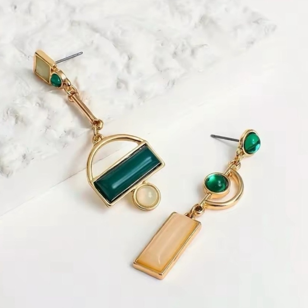Gold Green Asymmetrical Geometric Earrings - Picture 10 of 13